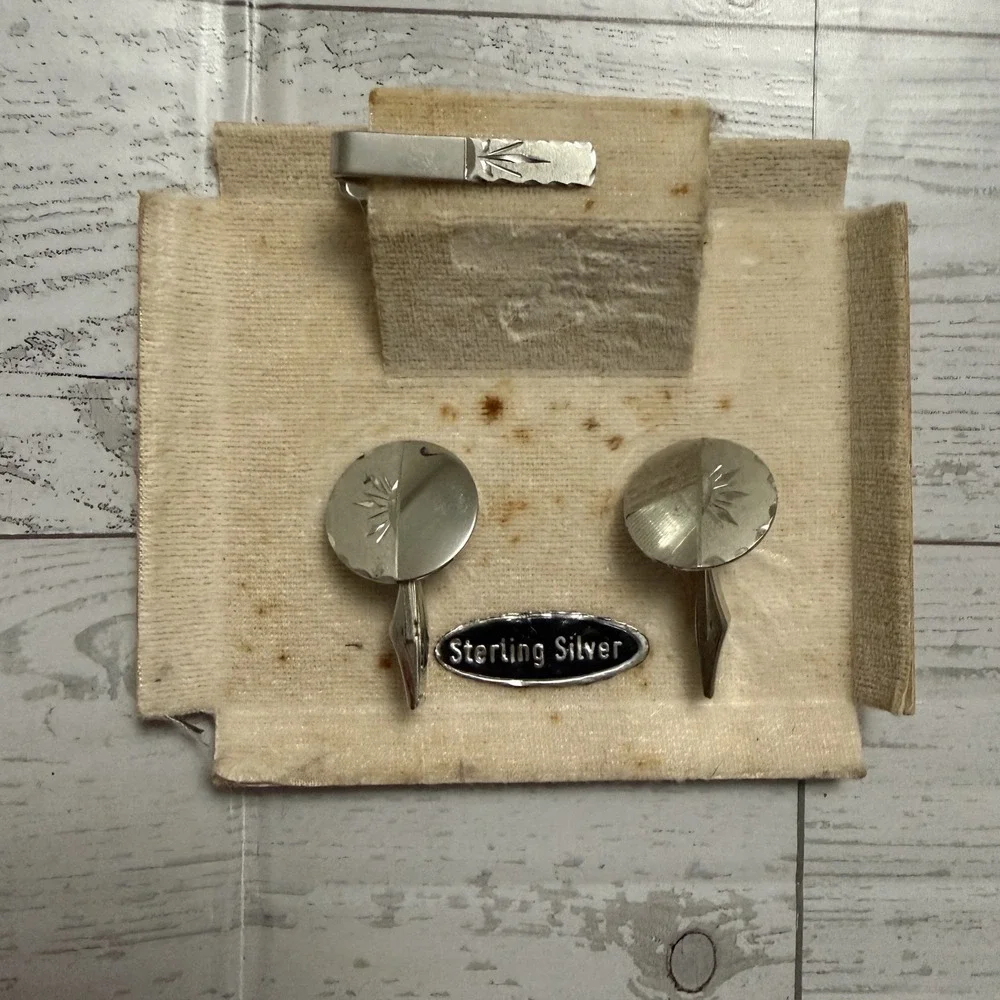 New Vintage Sterling Silver Cufflinks Tie Tack‎ Set MCM 40s 50s Atomic Starburst